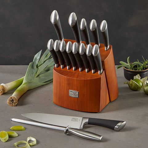 Chicago Cutlery closeup of honey maple-stain wooden block highlighting neat countertop organization benefit