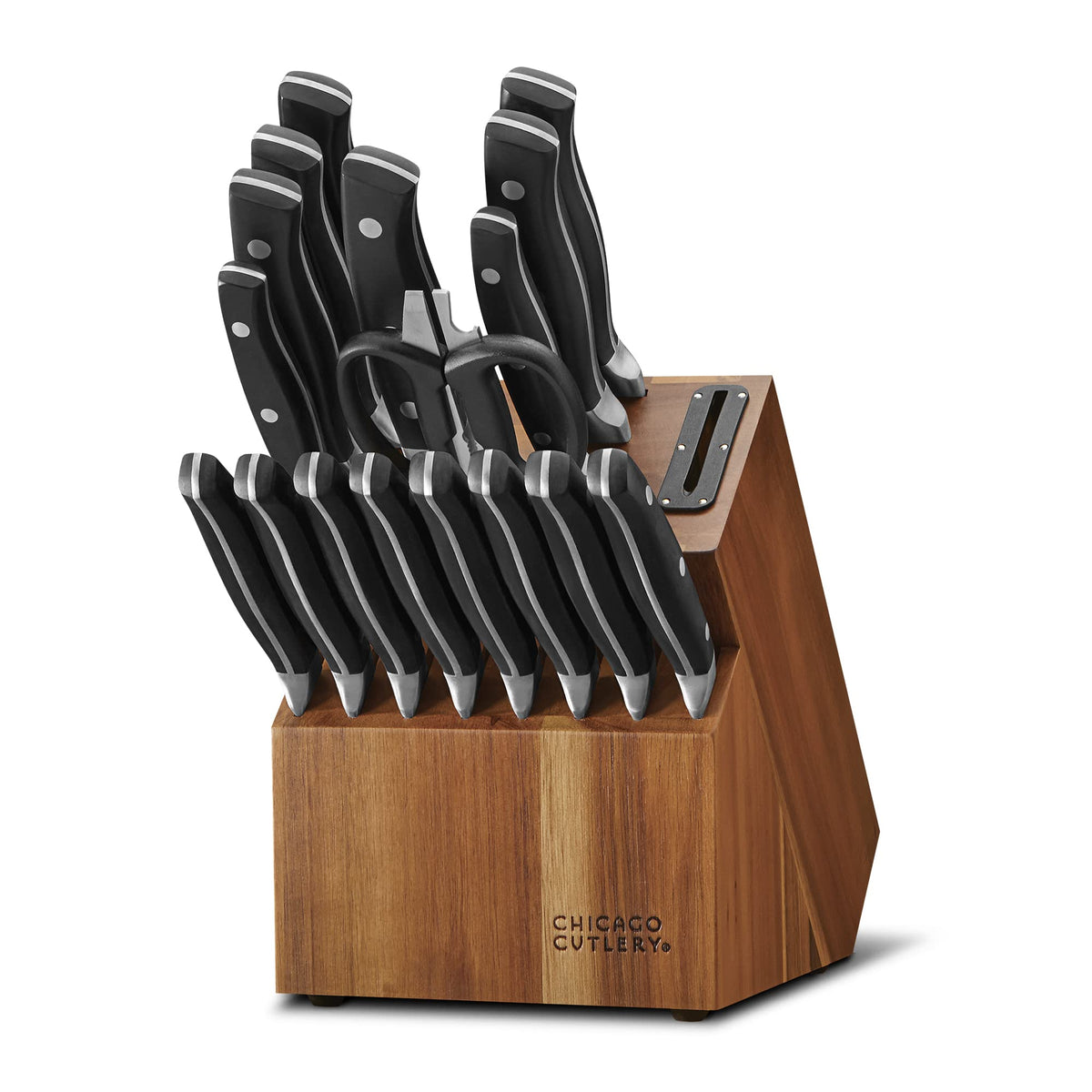 Chicago Cutlery front view of 18-piece set showing knives in block for organized storage