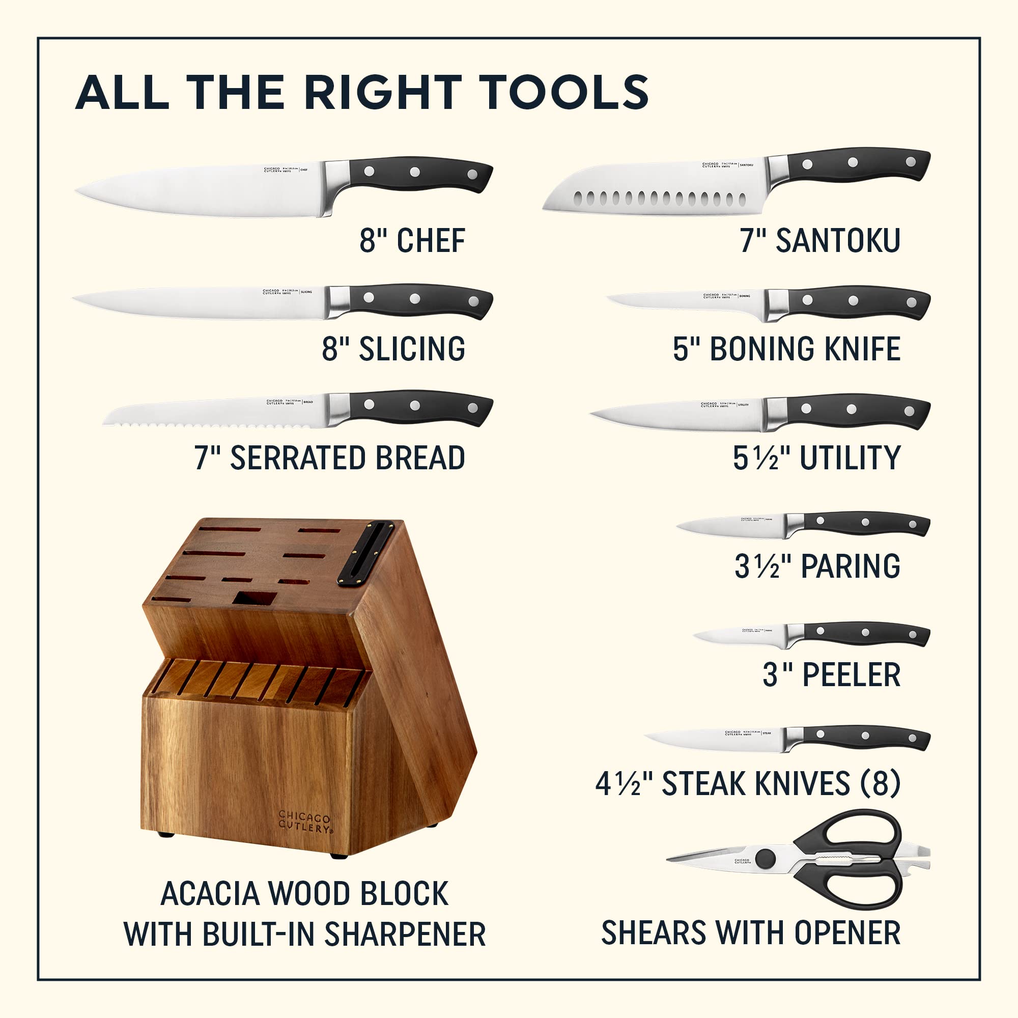 Chicago Cutlery close-up of acacia wood block with built-in sharpener for easy maintenance