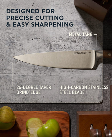 Chicago Cutlery Racine blade edge detail highlighting 26-degree taper grind for precise slicing