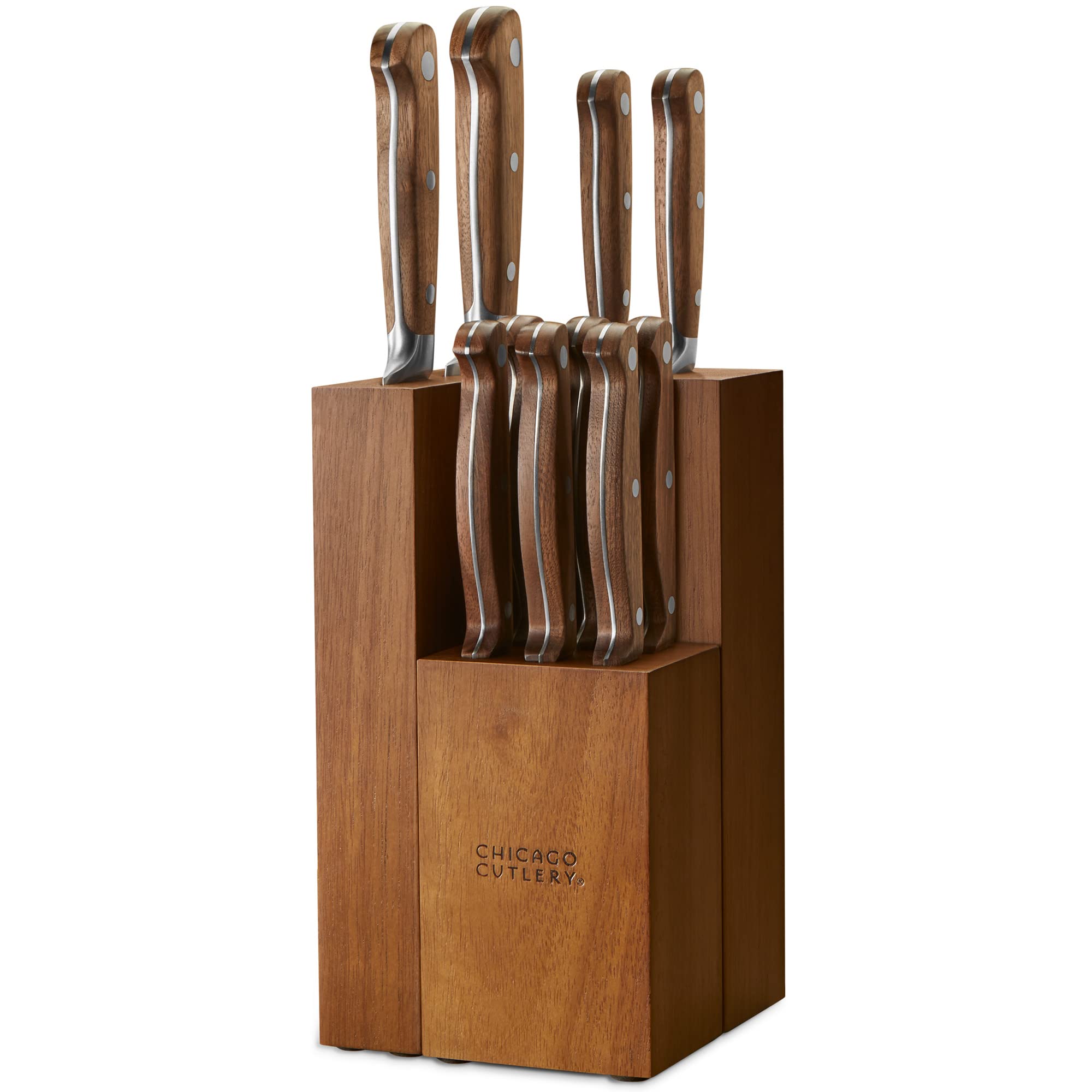 Chicago Cutlery Racine front packaging showing full 12-piece set and walnut block benefit: organized storage