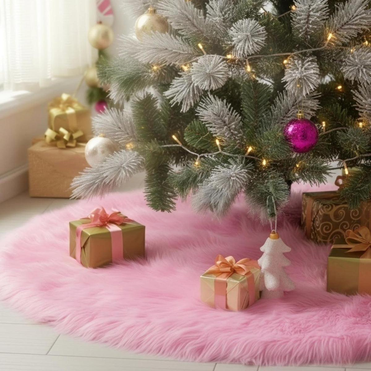 CHICHIC front view of pink tree skirt showing full coverage and polished look