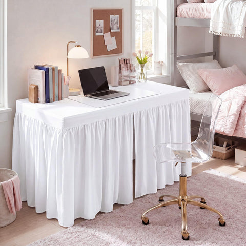Chicplaid front view showing white pleated skirt concealing under-desk storage and creating tidy workspace
