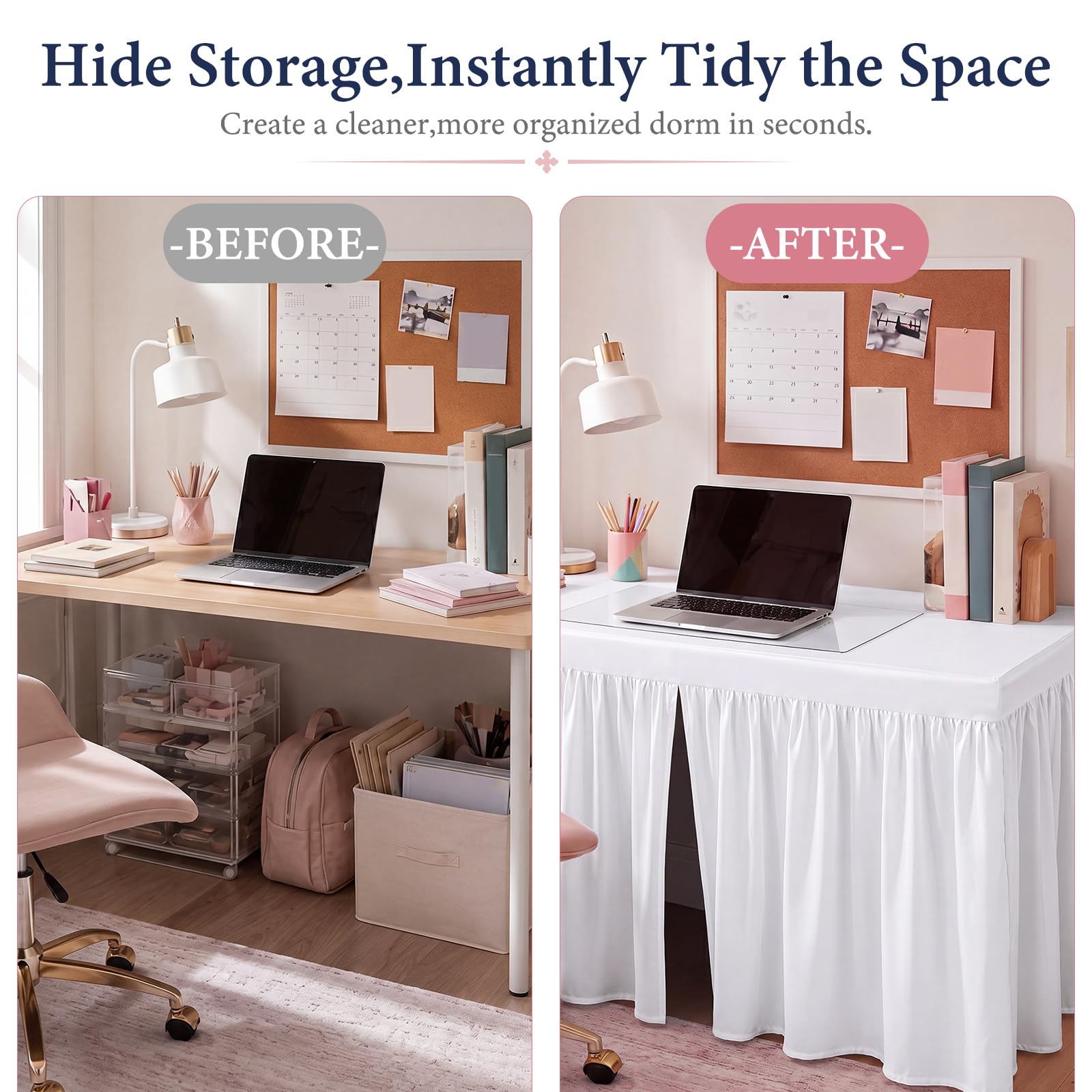 Chicplaid desk skirt kit in use with laptop showing neat study area and hidden clutter