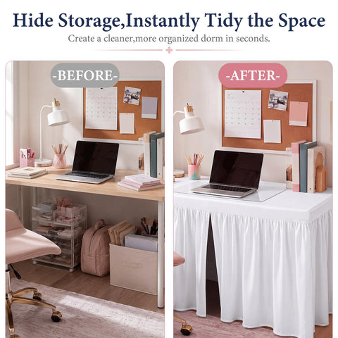Chicplaid desk skirt kit in use with laptop showing neat study area and hidden clutter