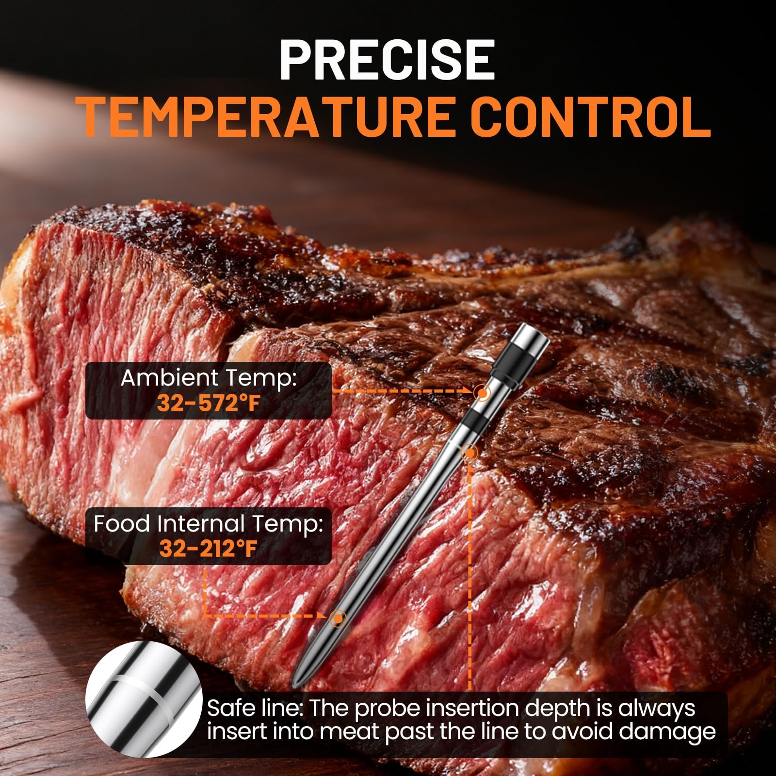 Chihod probes inserted into steak showing precise internal temperature reading