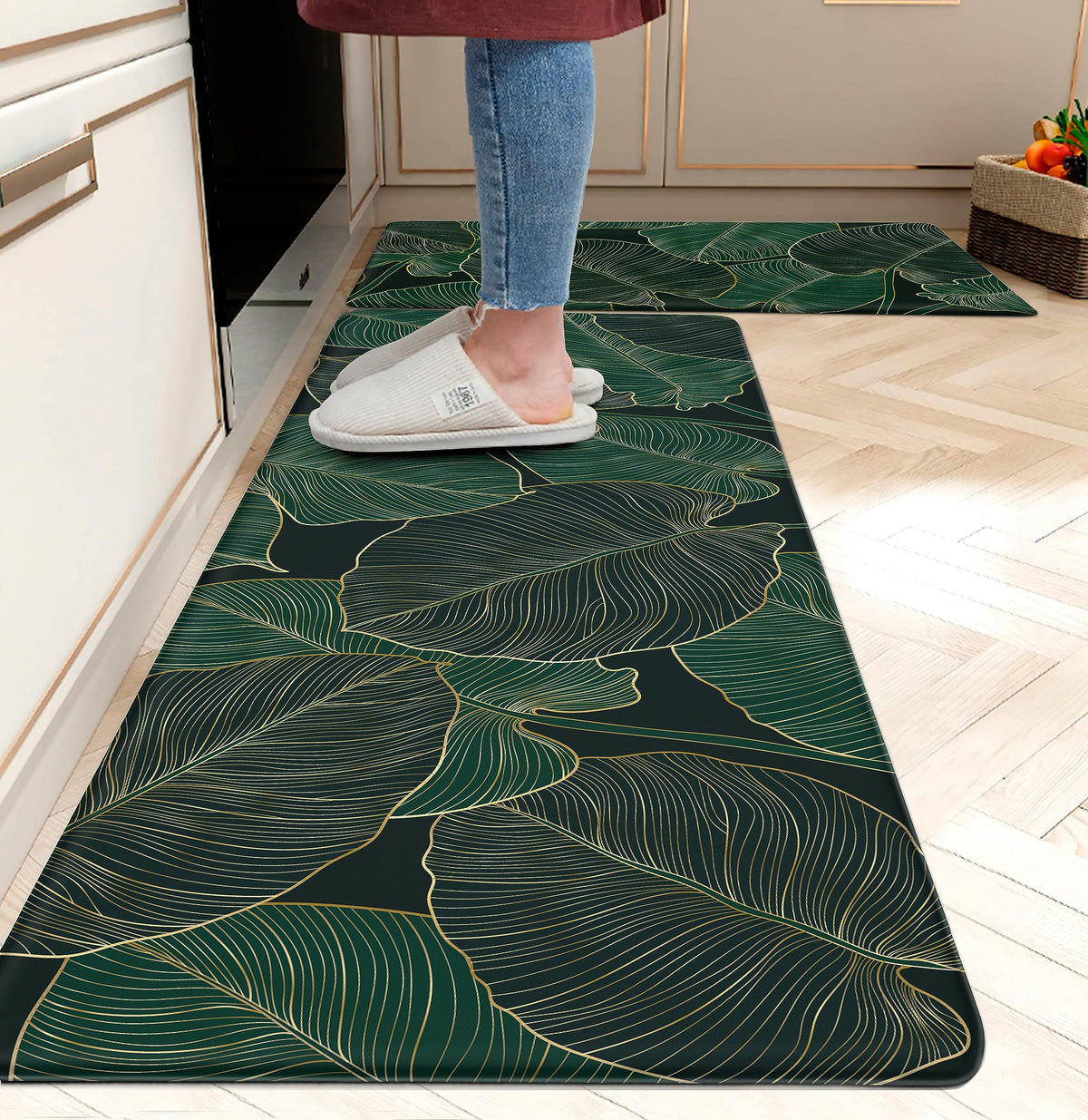chiinvent front view of paired mats showing palm leaf print and modern style comfort