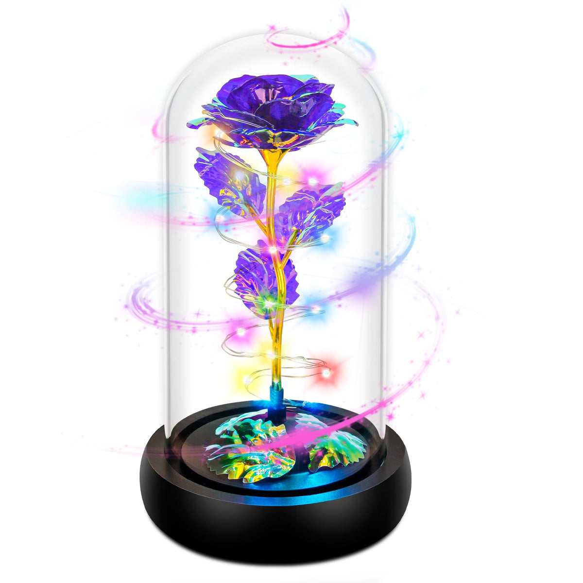 Childom front view of glass dome displaying preserved purple rose and gift-ready packaging