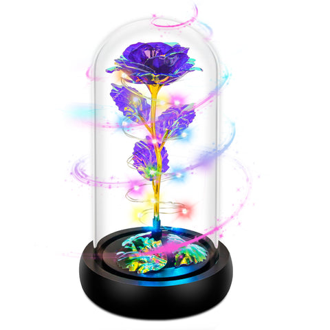 Childom front view of glass dome displaying preserved purple rose and gift-ready packaging
