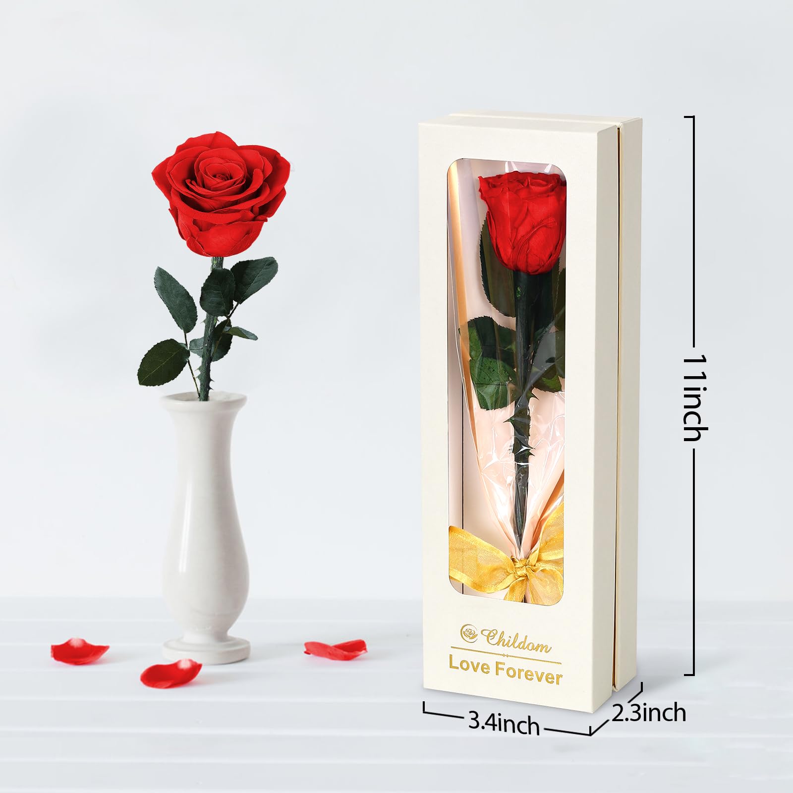 Childom rose displayed on shelf as decor adding timeless romantic accent