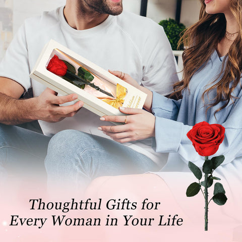 Childom side profile of boxed rose displaying compact shape and decorative ribbon