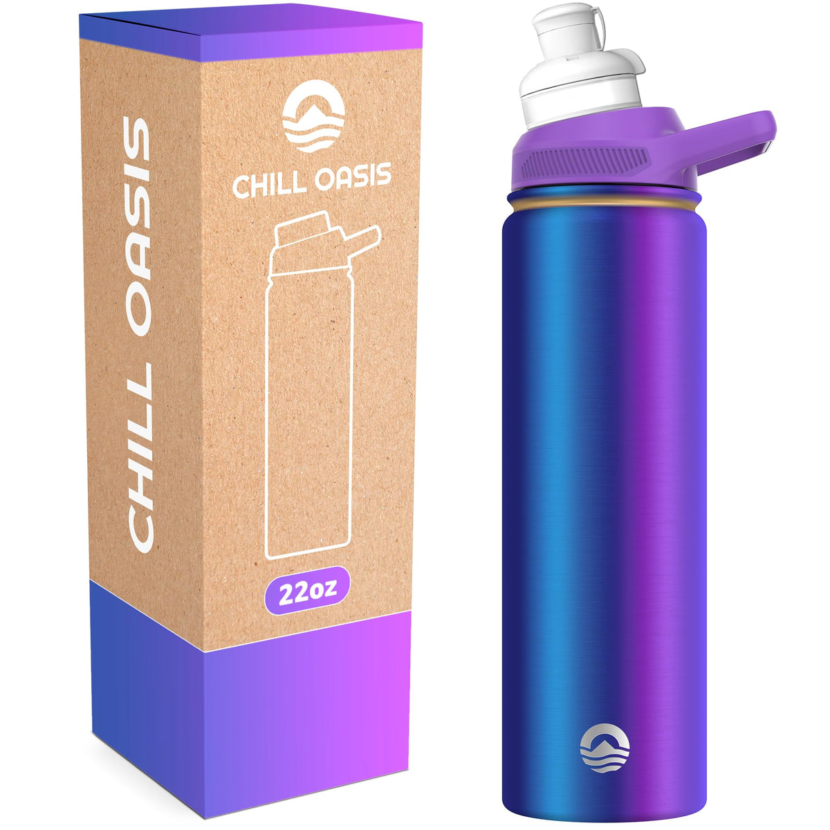 Chill Oasis Aura front view showing bottle design and branding, highlights portable cold retention