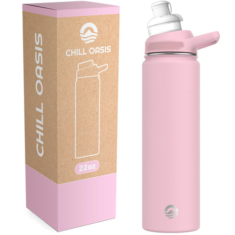 Chill Oasis front view of pink 22oz bottle showing shape and finish, durable design