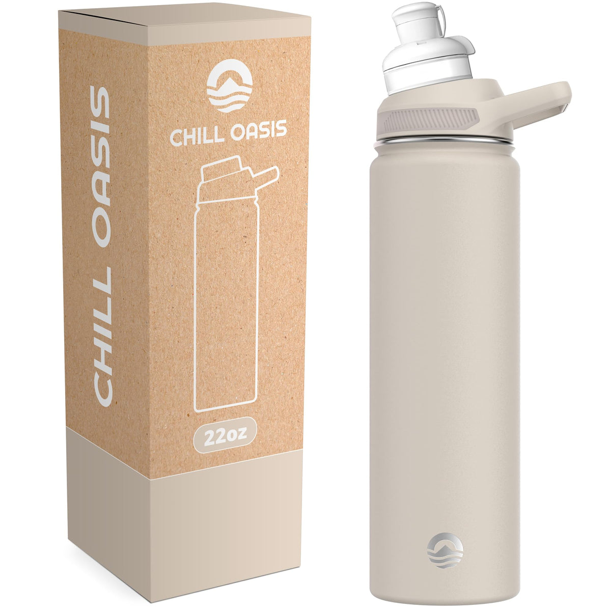 Chill Oasis front view beige bottle showing sleek design and portability