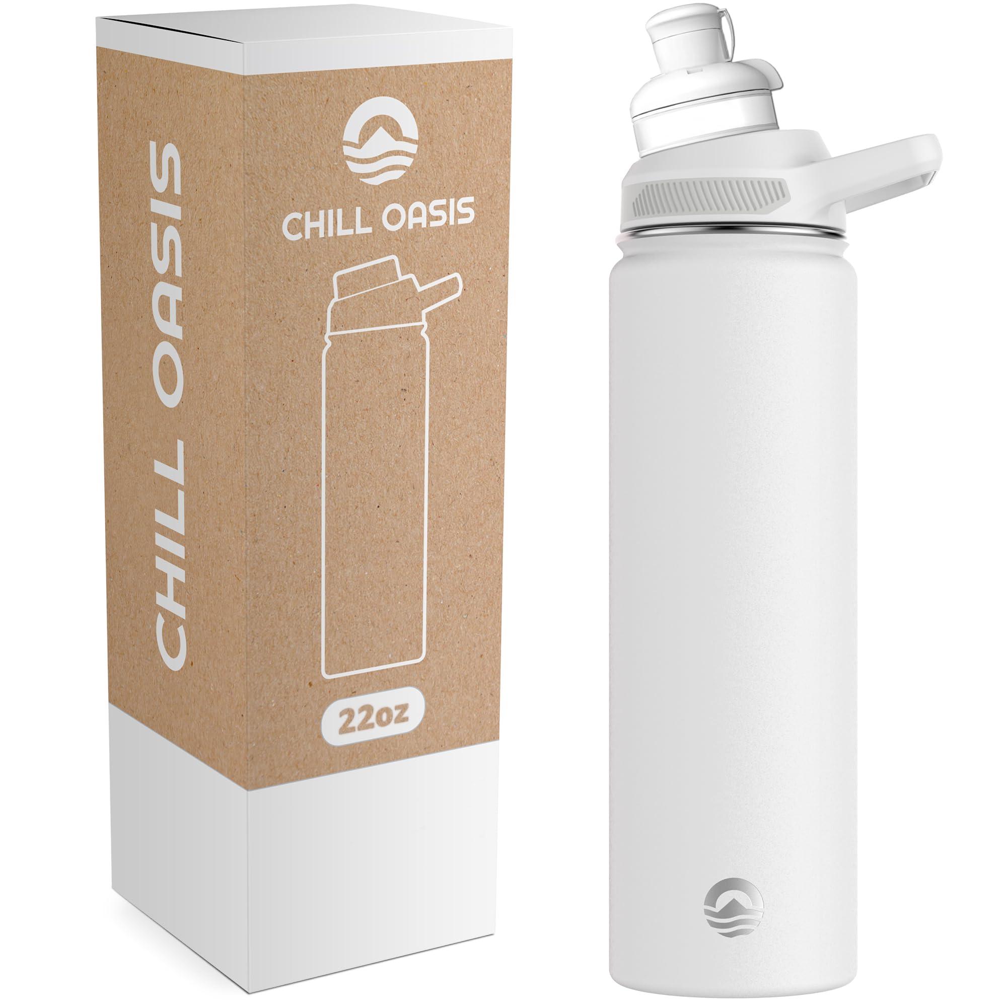 Chill Oasis front view of white 22oz bottle showing sleek finish and capacity benefit