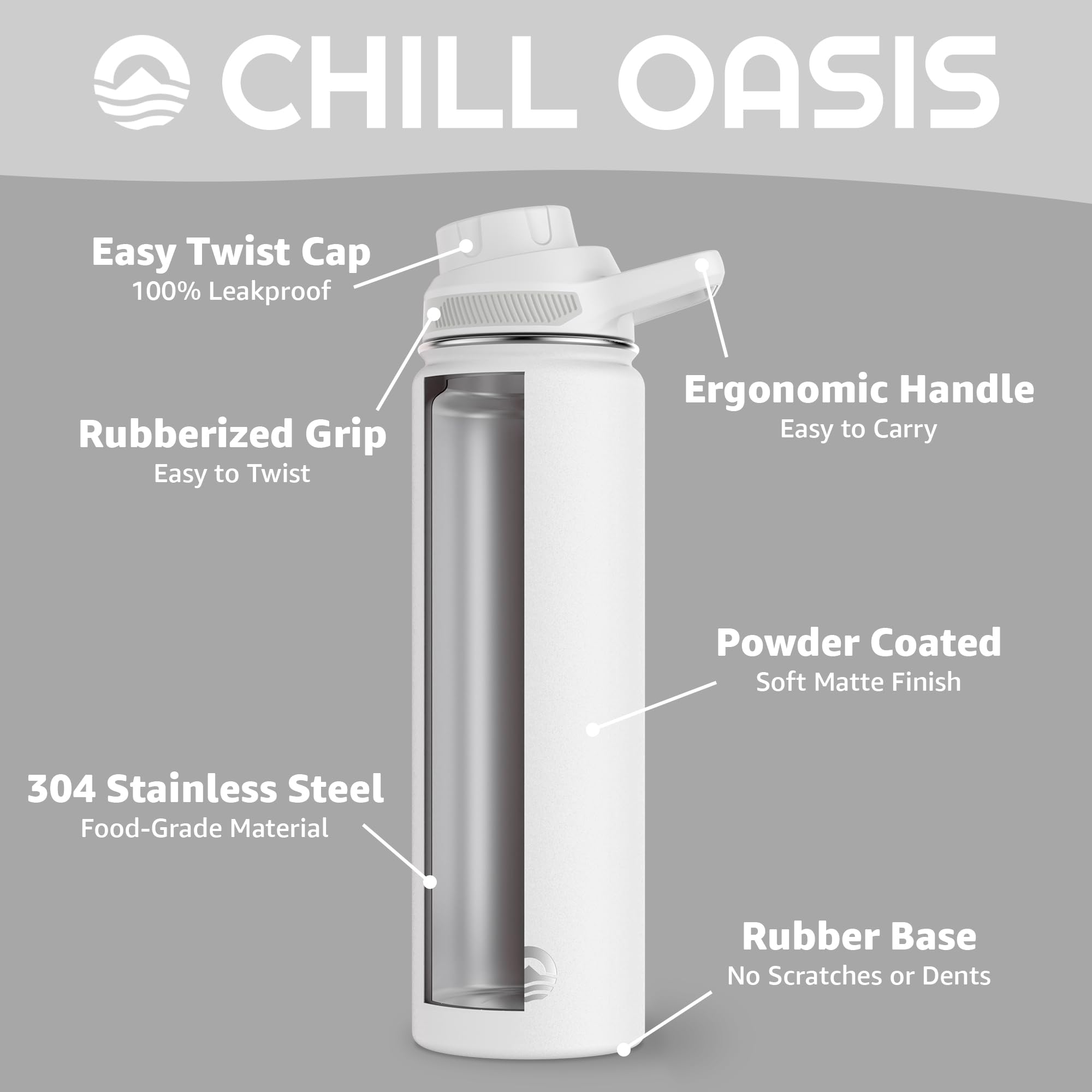 Chill Oasis cutaway illustrating double-walled vacuum insulation for long-lasting cold