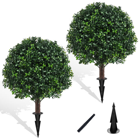 Chillchard front view of two topiary balls showing realistic full foliage and curb appeal