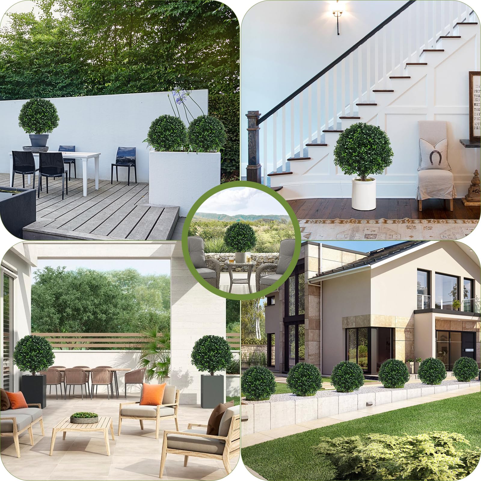 Chillchard multiple topiary balls lined in garden demonstrating cohesive outdoor styling