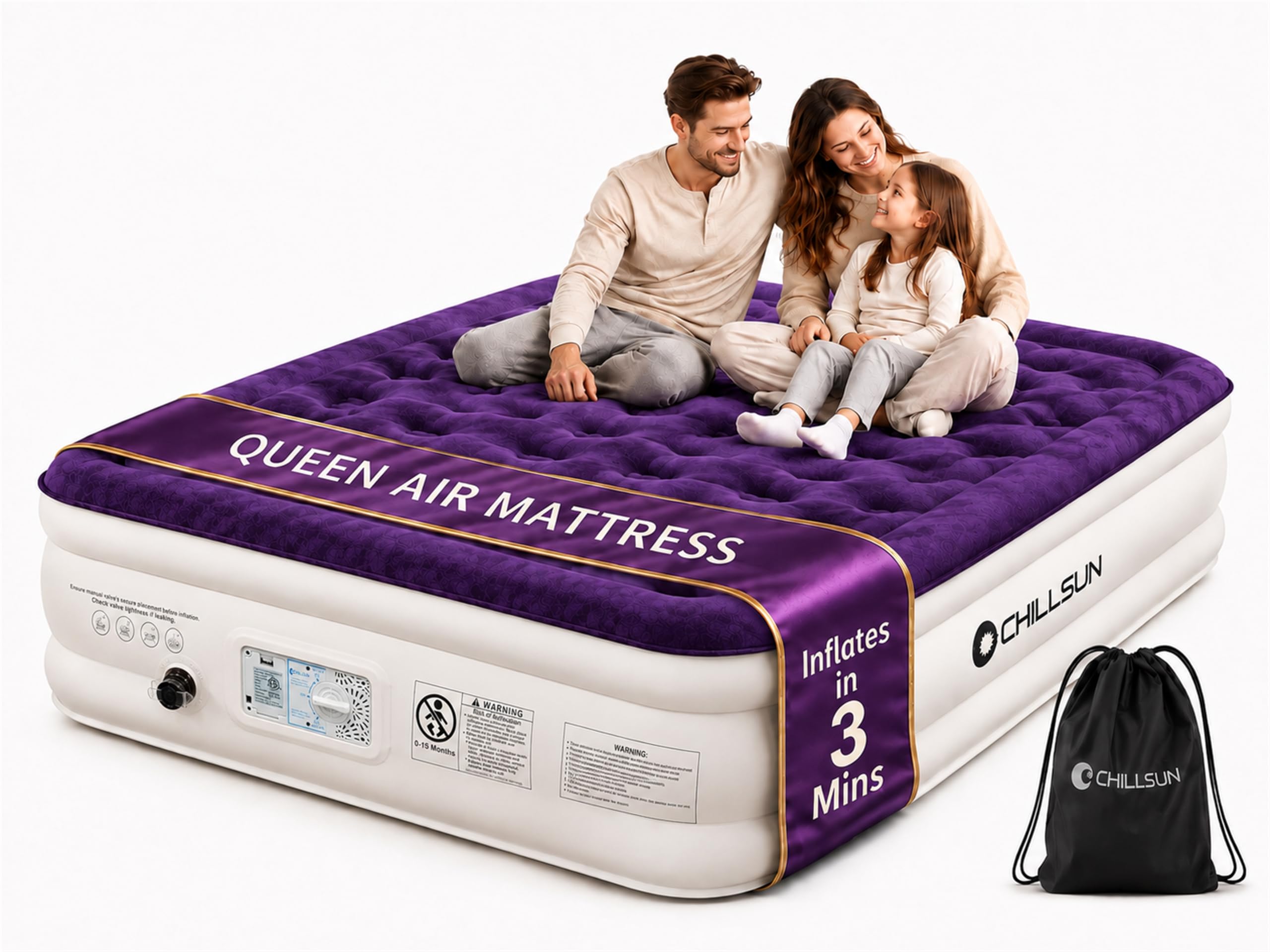 CHILLSUN queen front view showing raised sleeping surface and pump access, offering fast setup