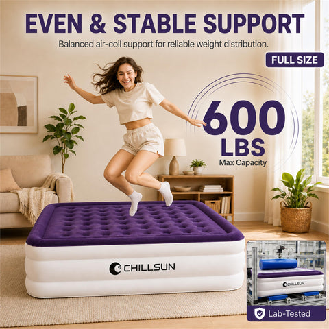 CHILLSUN side view next to chair showing 18 inch bed-height benefit
