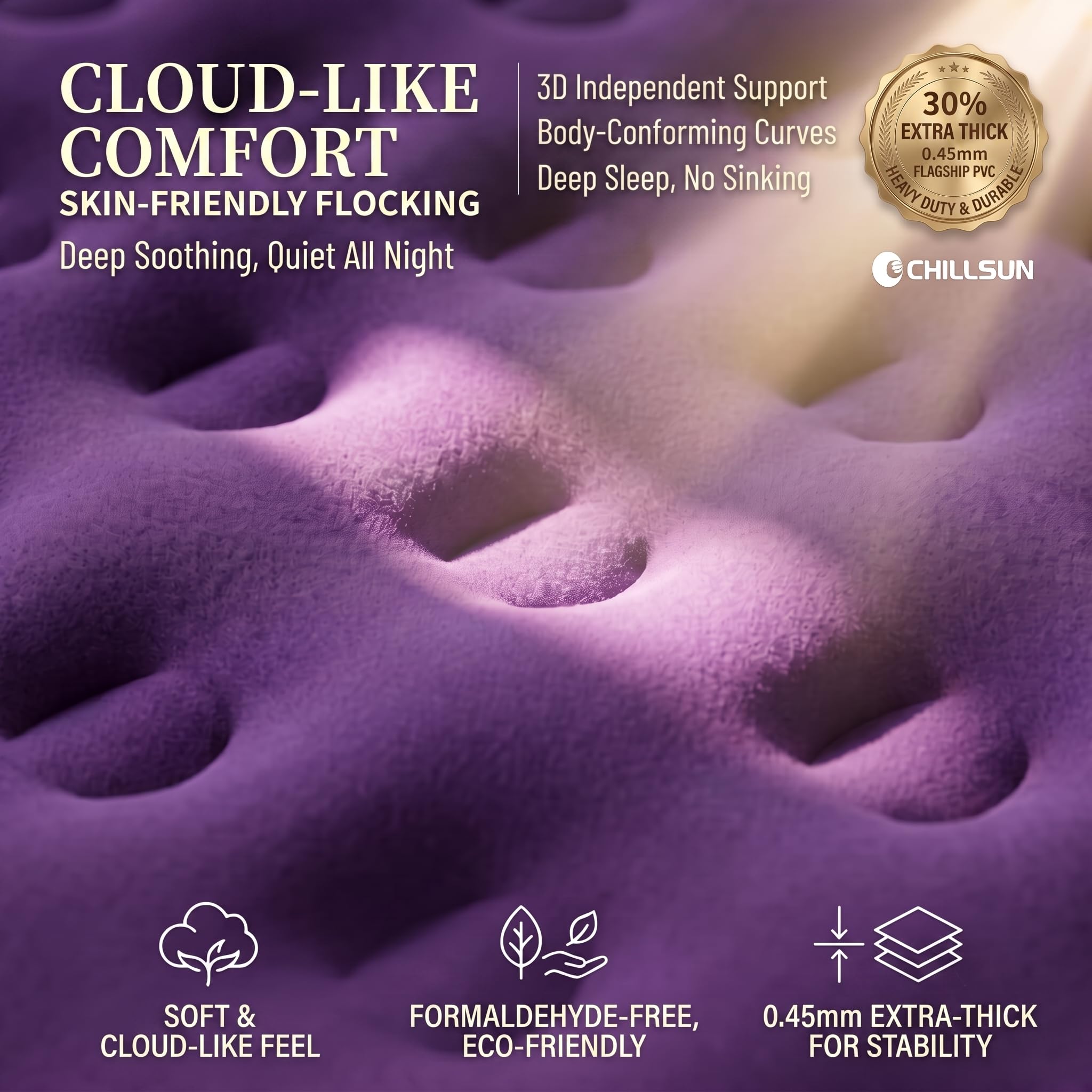 CHILLSUN flocked top texture close-up for comfort and waterproof protection while sleeping