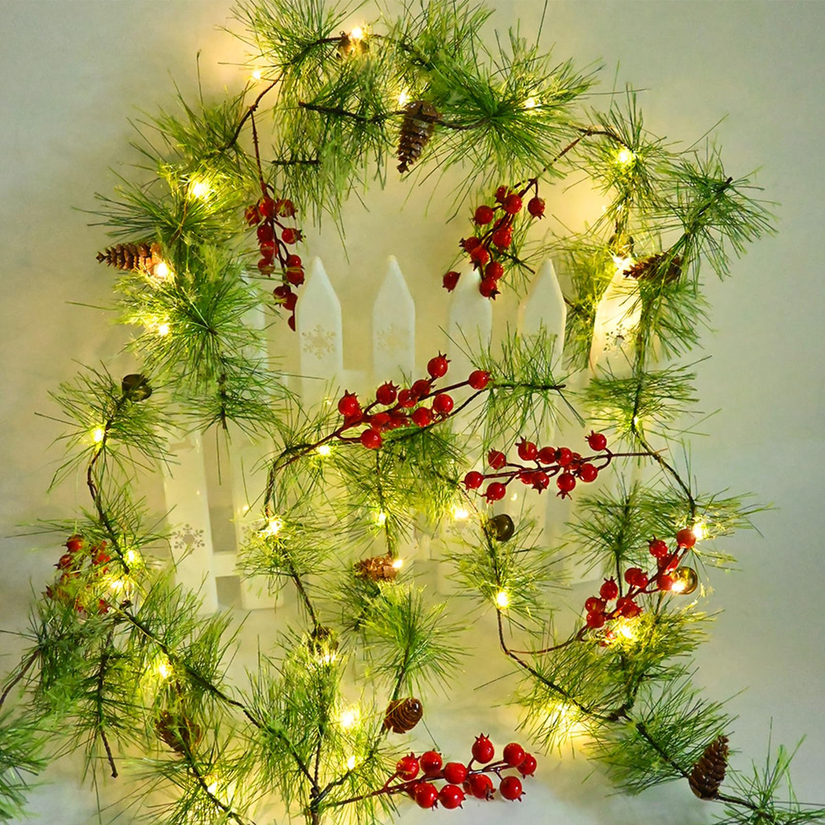 ChiRee front view of full 6.56FT garland showing lights and accents for instant holiday warmth