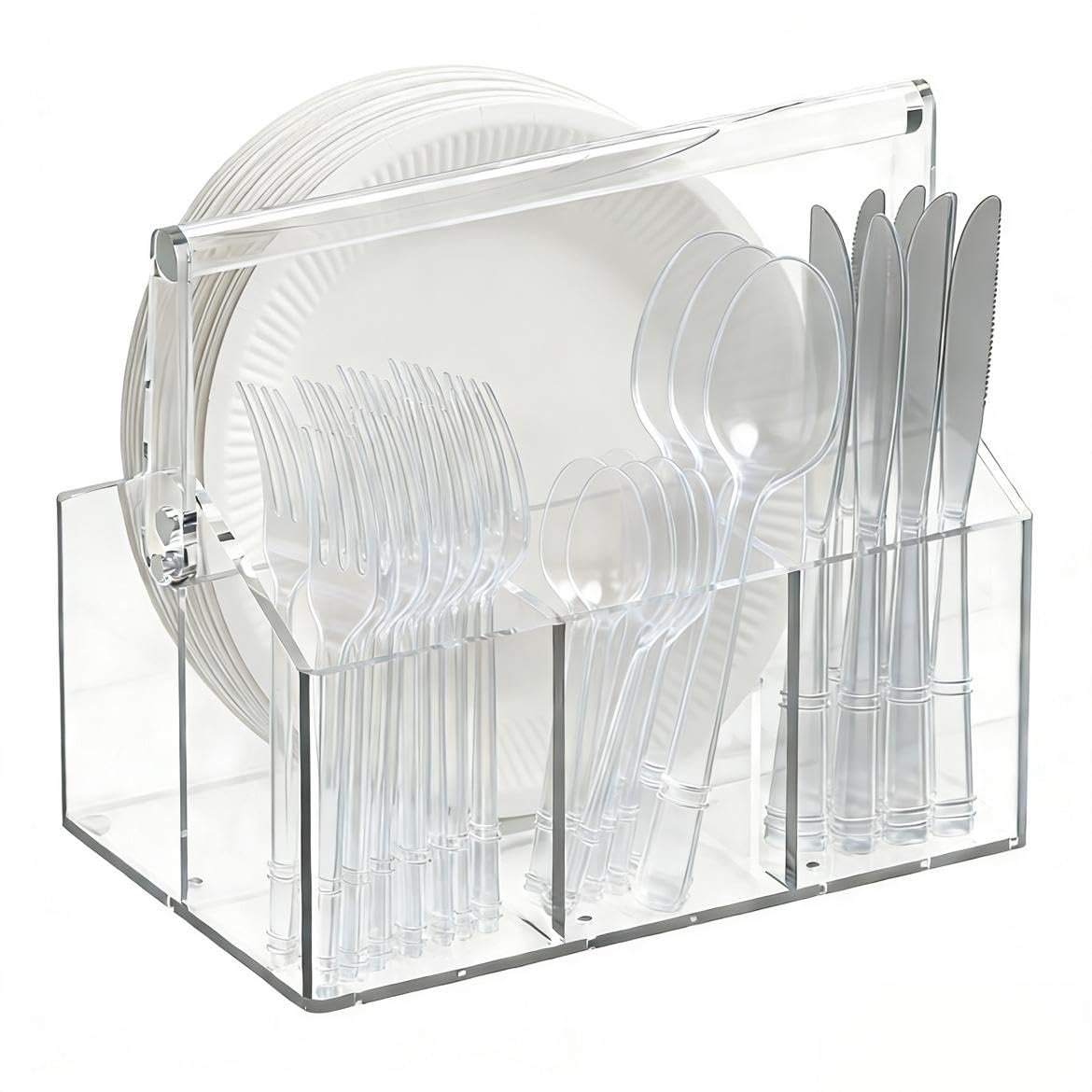 Chivalral front view of clear acrylic caddy showing organized cutlery and neat presentation benefit