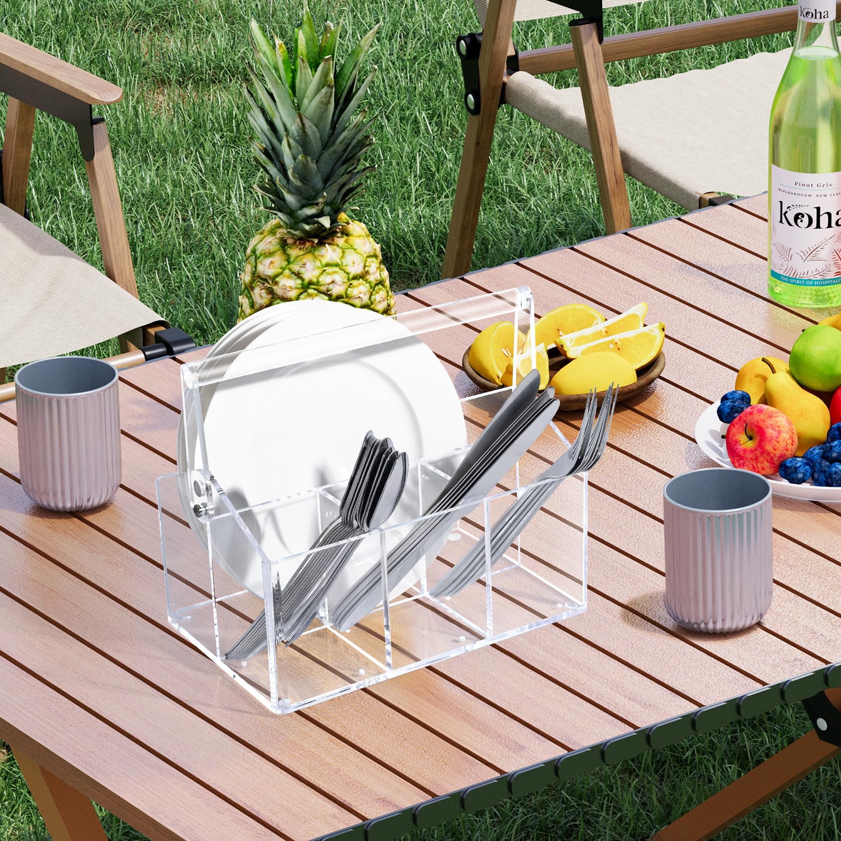 Chivalral caddy next to utensils showing scale and capacity for parties and everyday use benefit
