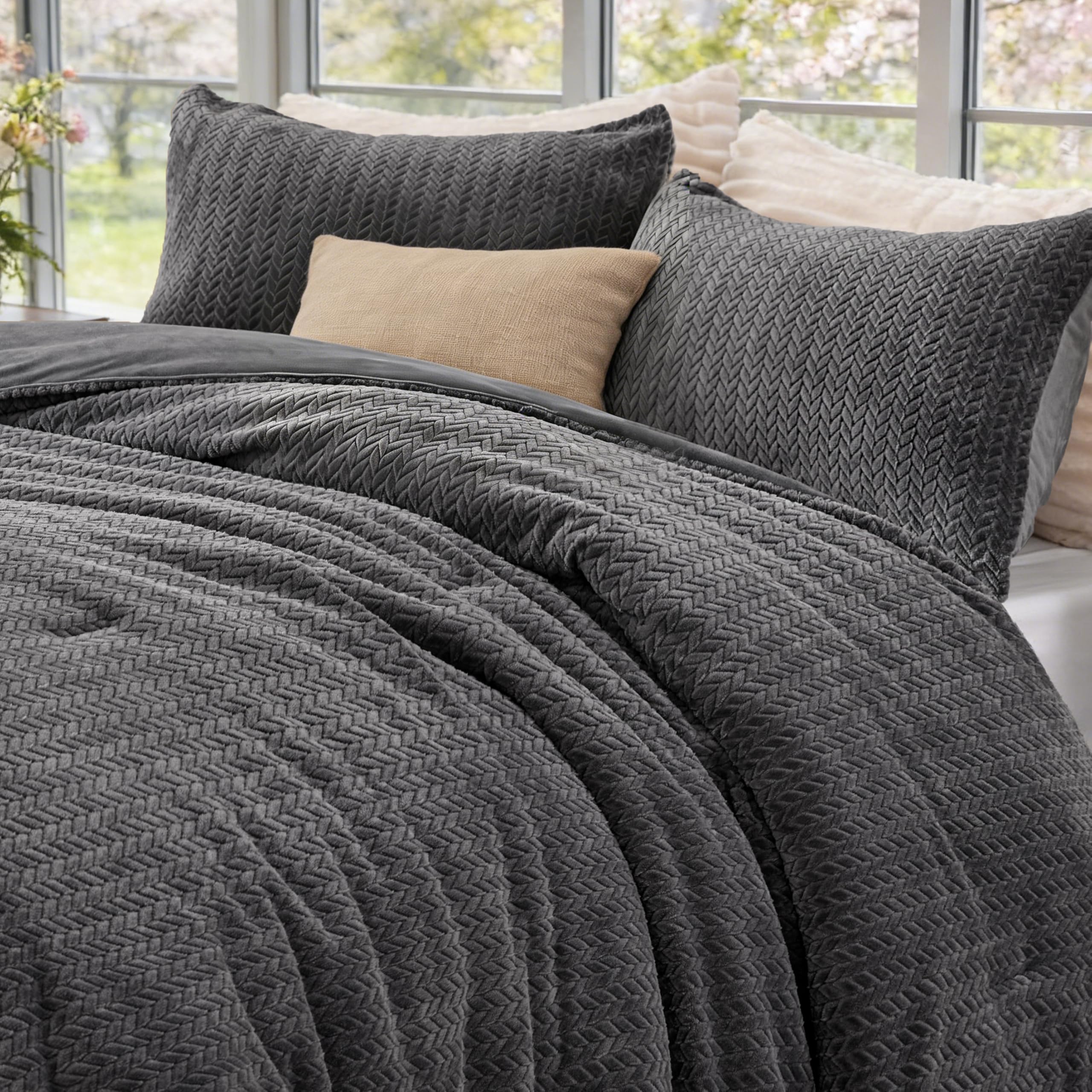 ChiXpace comforter front packaging shows full grey bed set and inviting drape