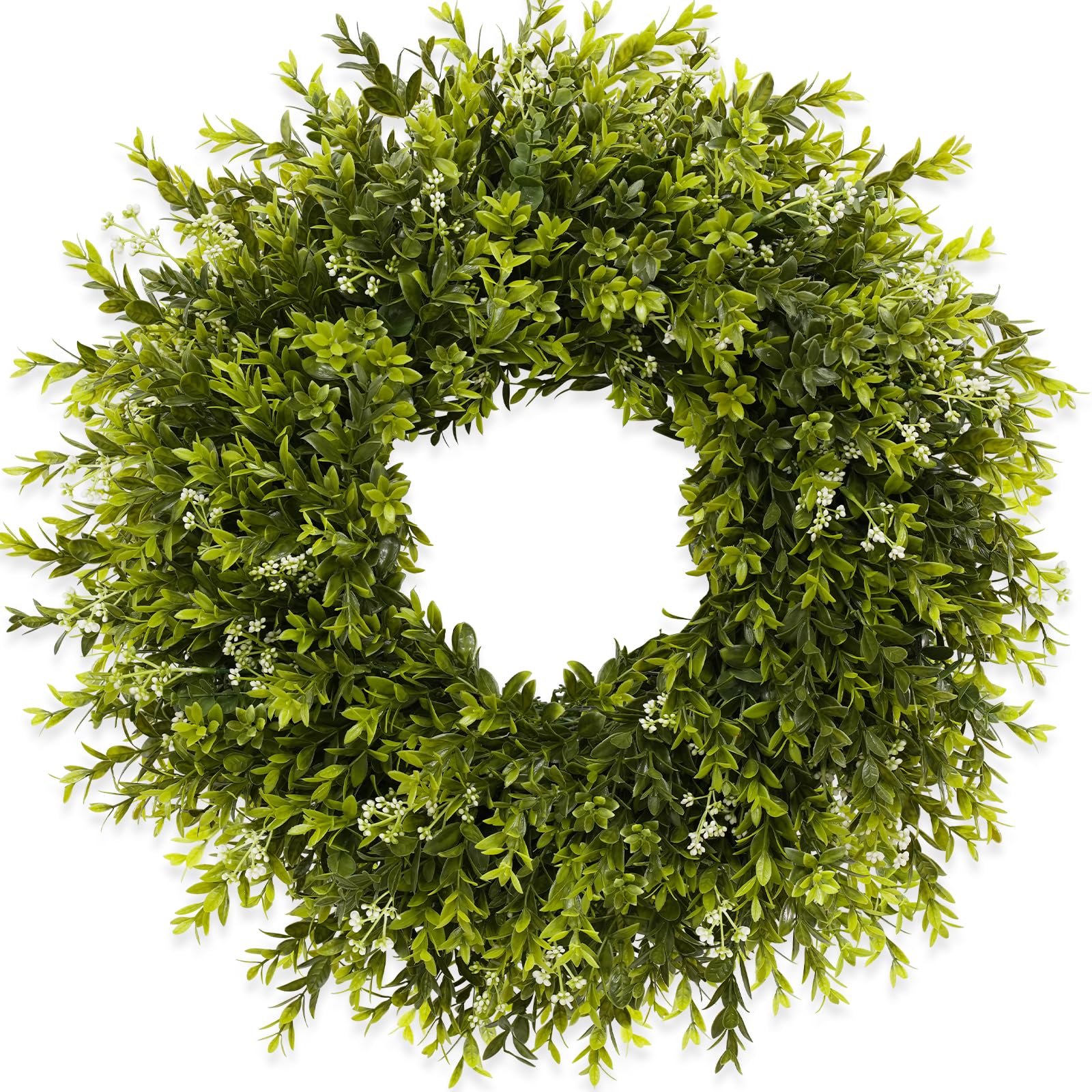 Chiyinbao wreath on front door showing full green curb appeal