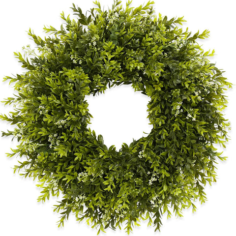 Chiyinbao wreath on front door showing full green curb appeal