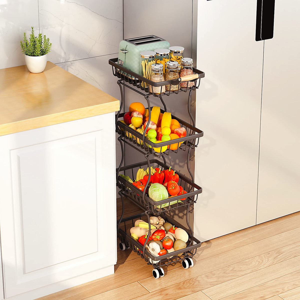 CHLORYARD front view of assembled 4-tier cart showing slim footprint and organization benefit