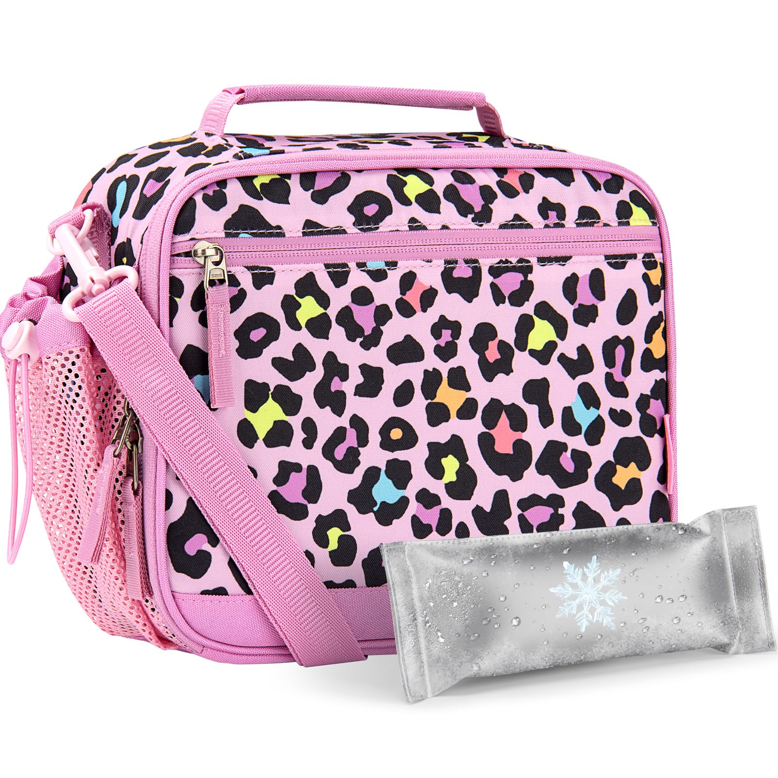 Choco Mocha front view pink cheetah lunch box showing zipper and handle for quick grab