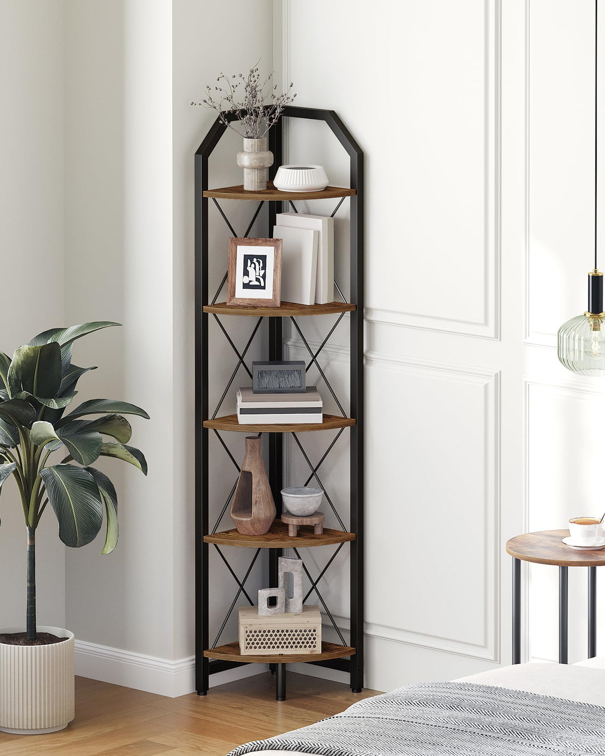 CHOEZON corner shelf front view showing five tiers and rustic brown finish for space-saving storage