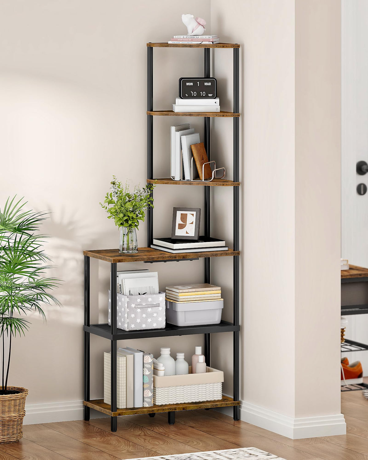 CHOEZON corner shelf front view shows rustic storage and space-saving benefit