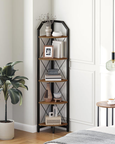 CHOEZON corner shelf front view showing five tiers and rustic brown finish for space-saving storage