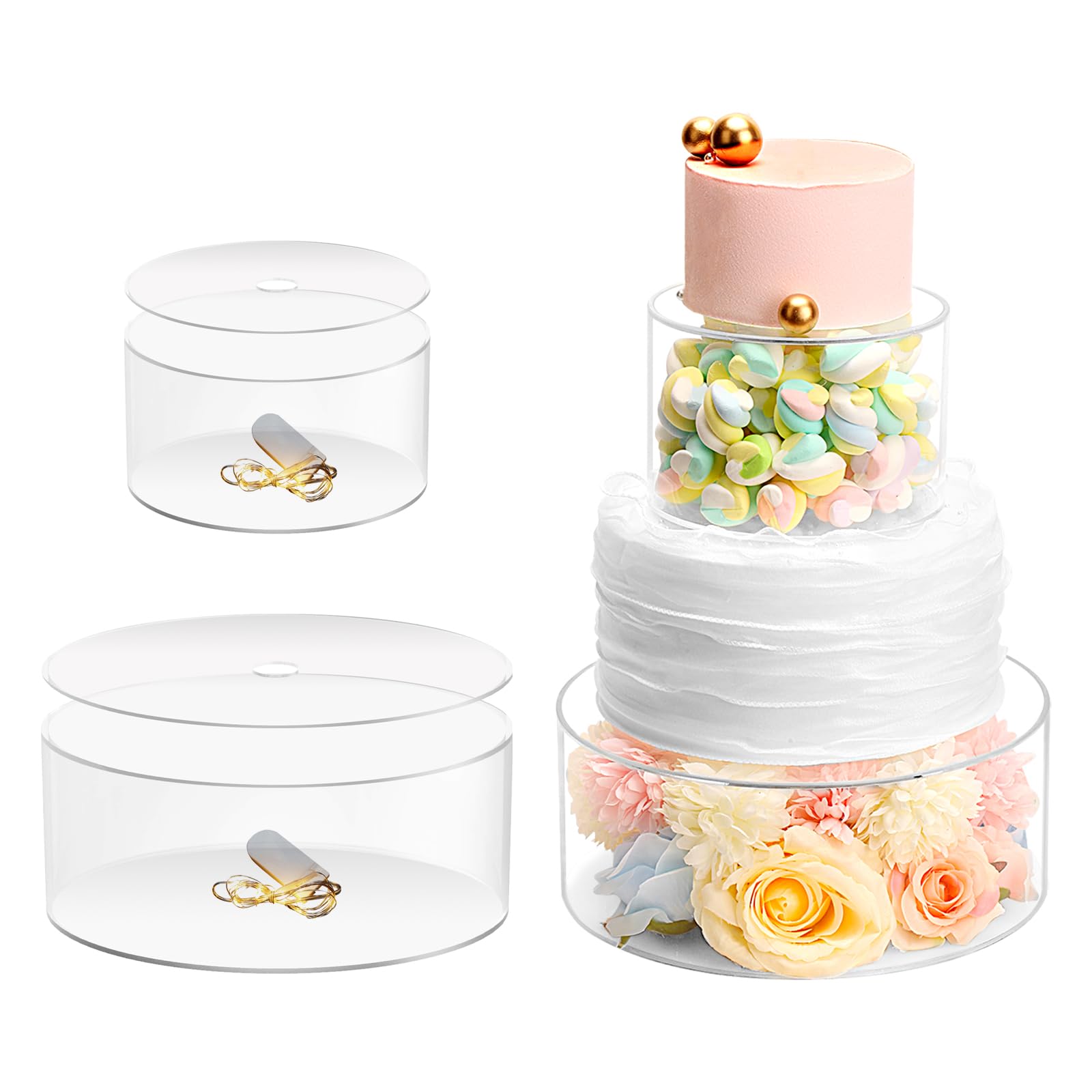 Choowin clear acrylic cake stands front view showing both sizes and lids, highlights versatility