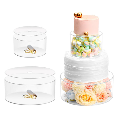 Choowin clear acrylic cake stands front view showing both sizes and lids, highlights versatility