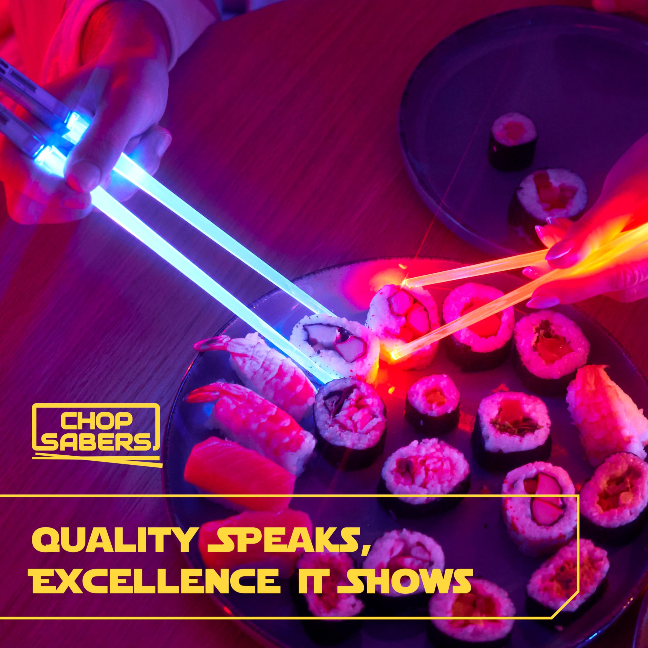 ChopSabers lit saber chopsticks in hand demonstrating easy activation