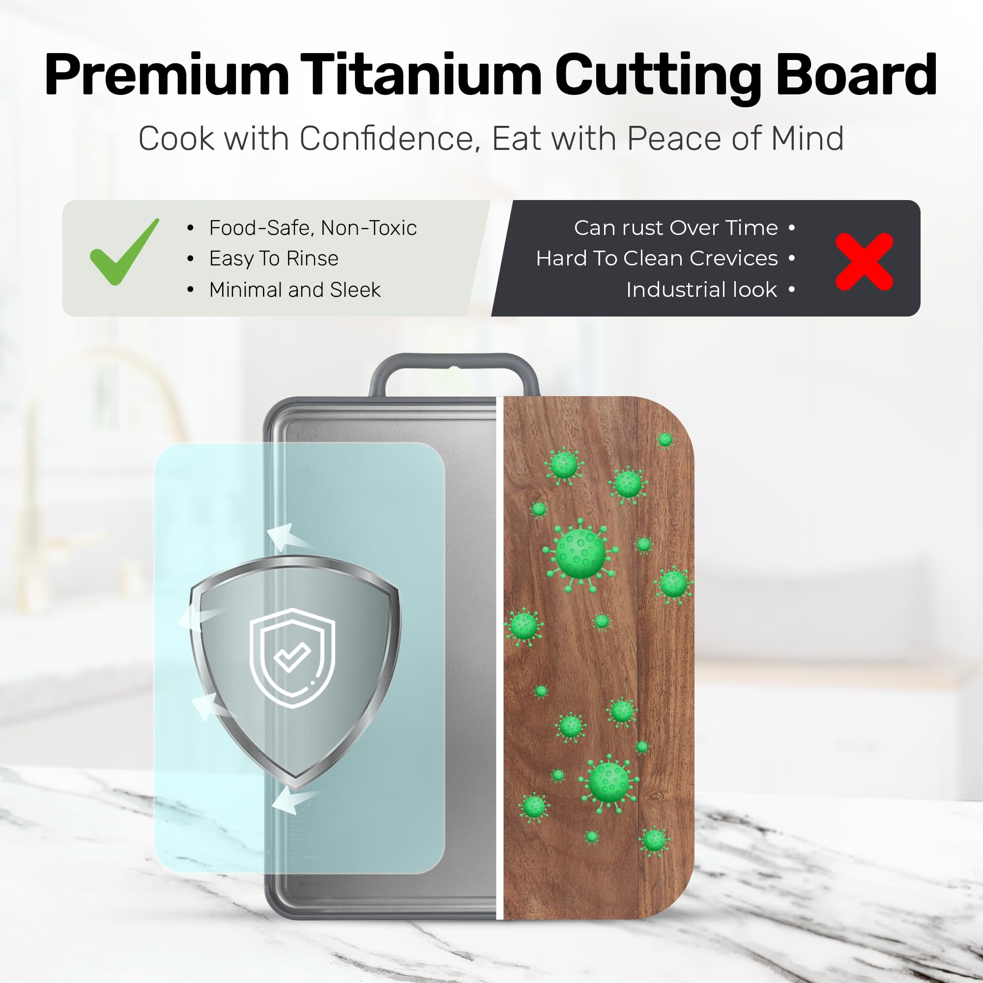 CHOPZILLA titanium surface close-up highlighting scratch-resistant texture and hygienic benefit