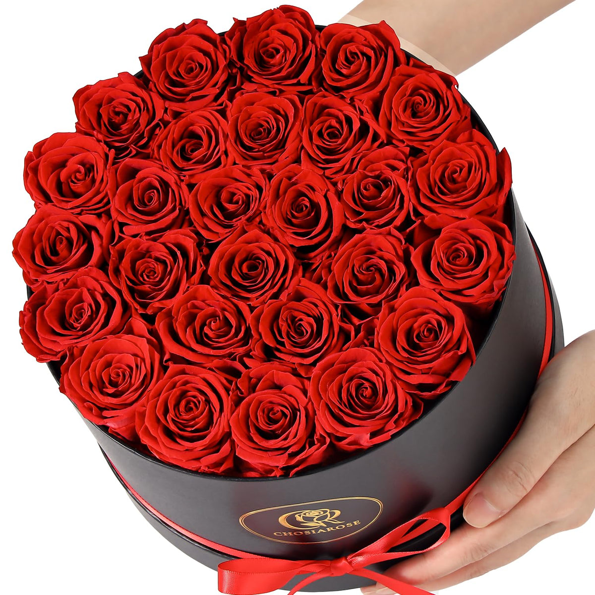 CHOSIAROSE front boxed display of 27 preserved roses showing elegant gift presentation and long-lasting beauty