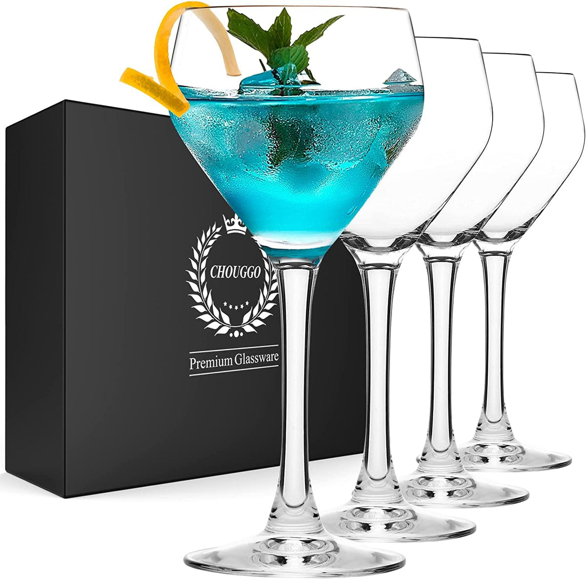 Chouggo front view of four Nick & Nora glasses showing elegant silhouette and clarity