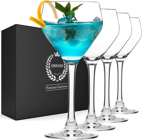 Chouggo front view of four Nick & Nora glasses showing elegant silhouette and clarity