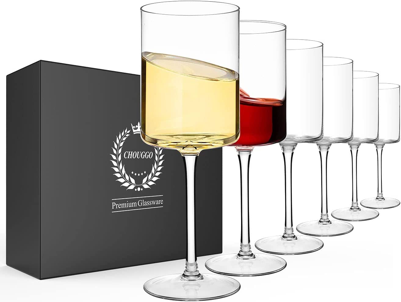 Chouggo front packaging showing six square crystal glasses and protective box benefit gift ready