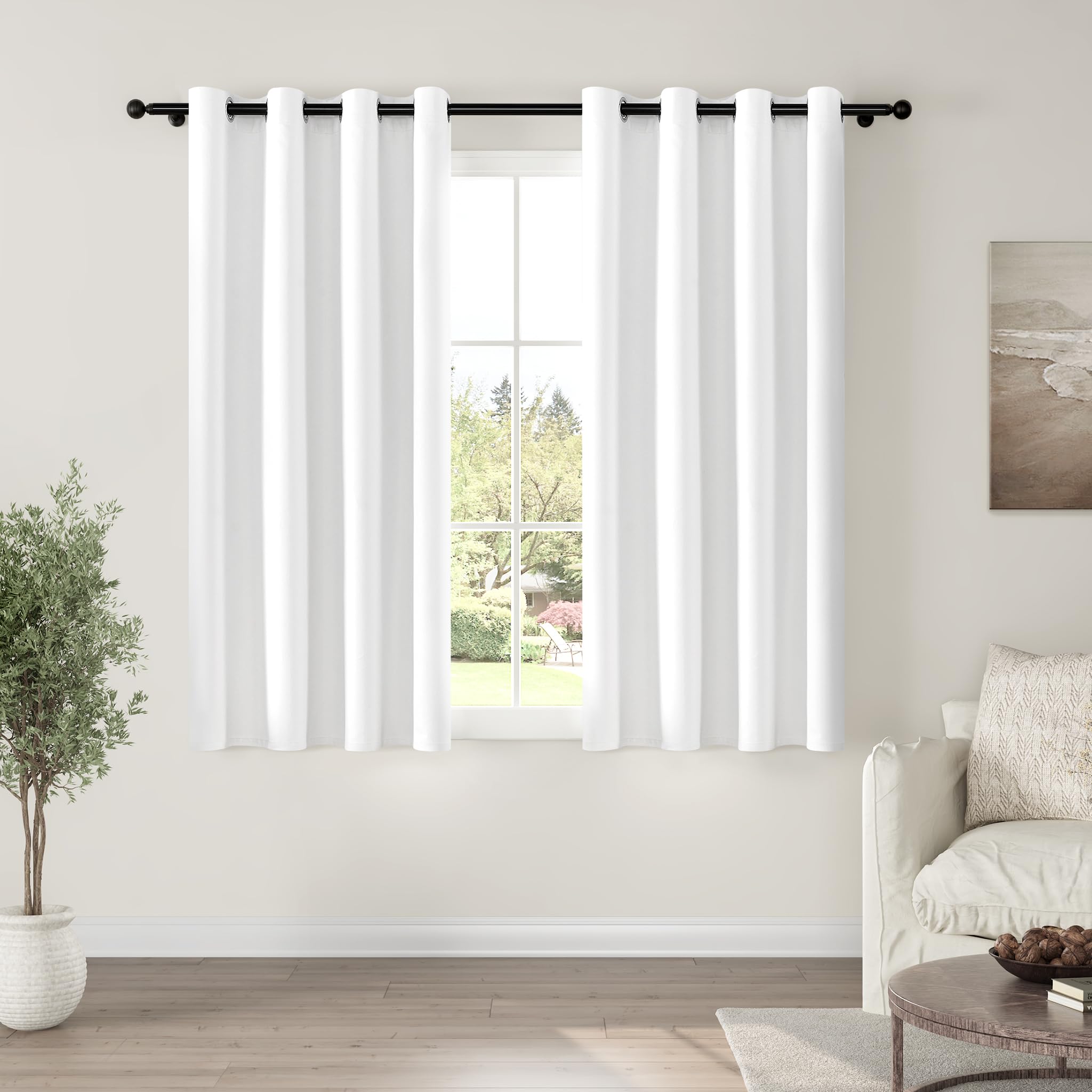 ChrisDowa front packaging showing two white blackout curtain panels and benefits