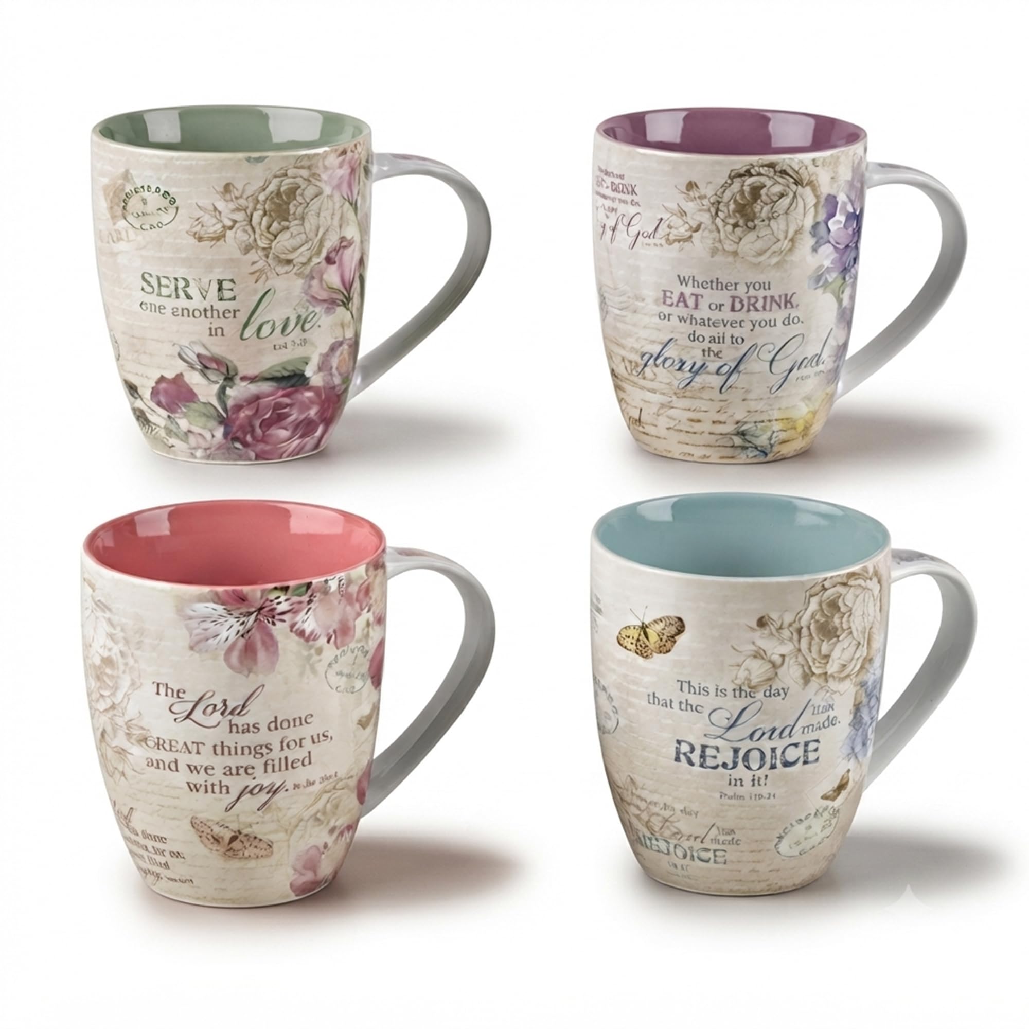 Christian Art Gifts boxed set front view showing four floral scripture mugs and gift-ready packaging