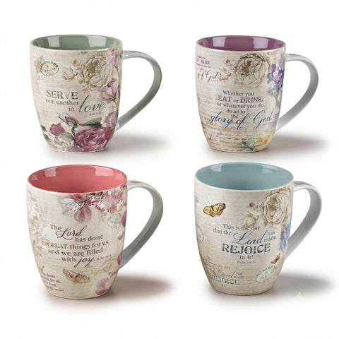 Christian Art Gifts boxed set front view showing four floral scripture mugs and gift-ready packaging