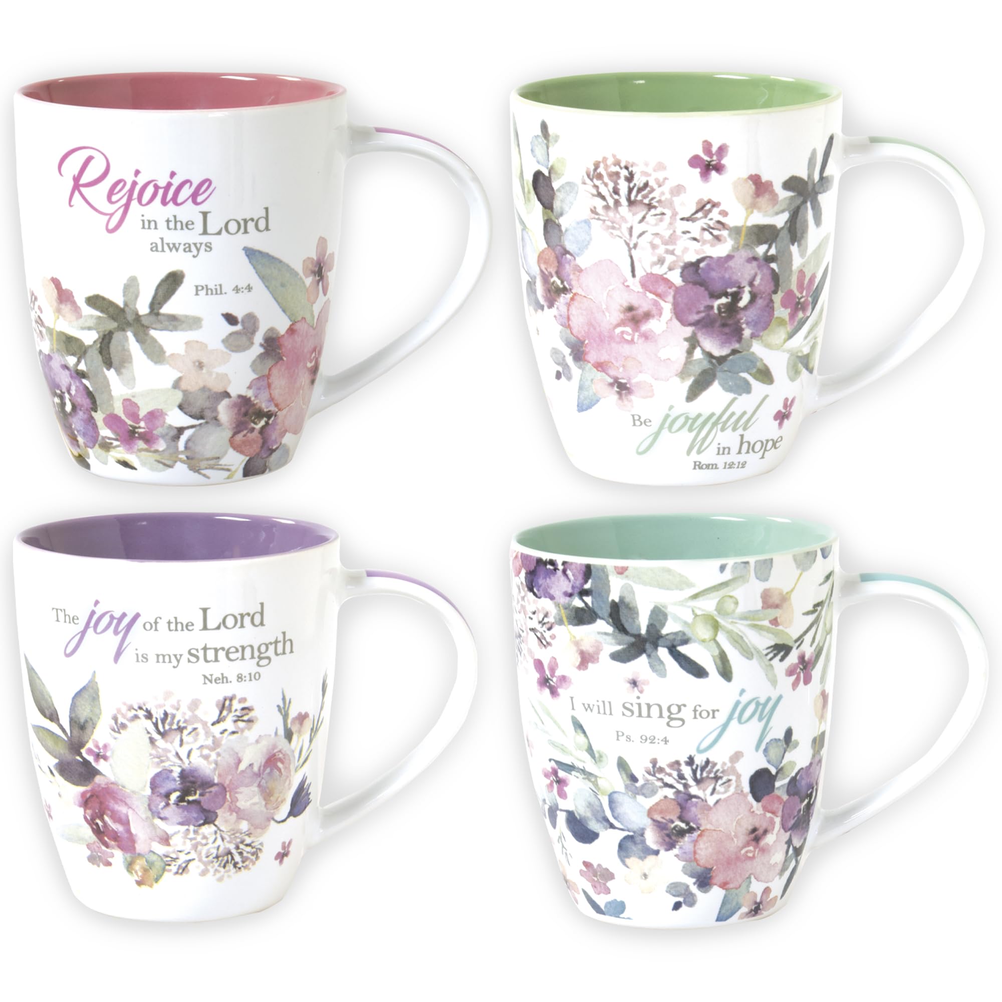 Christian Art Gifts front packaging showing four boxed watercolor flower mugs, ideal present