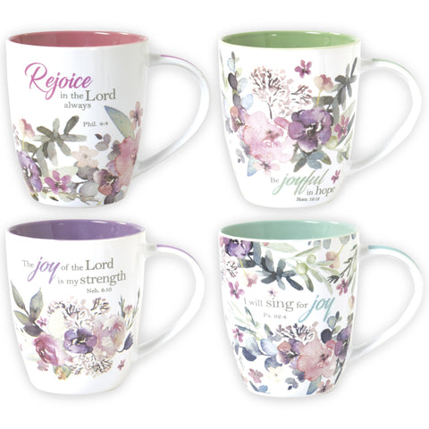 Christian Art Gifts front packaging showing four boxed watercolor flower mugs, ideal present