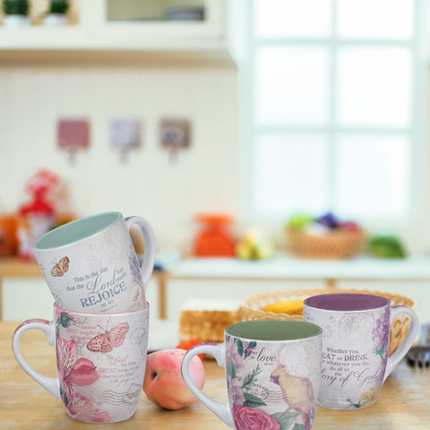 Christian Art Gifts Blue Hydrangea mug top view showing light-blue interior and safe microwave use